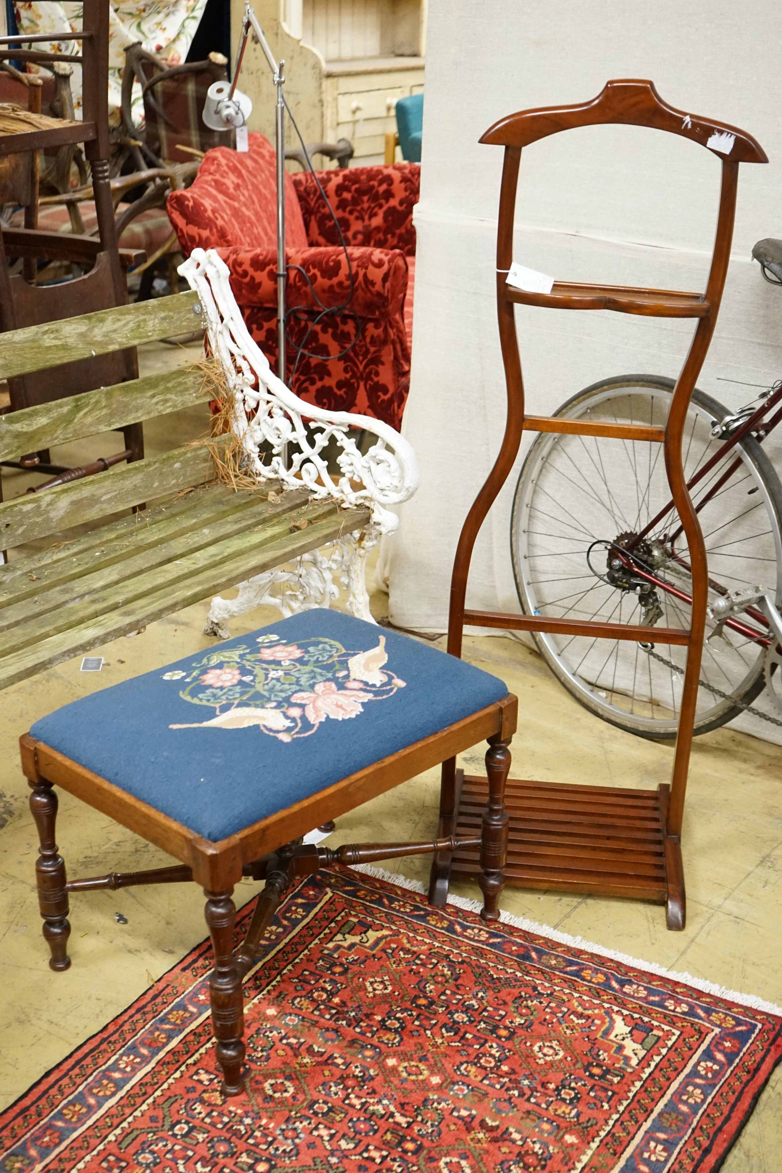 A late Victorian mahogany dressing stool and a modern dumb valet